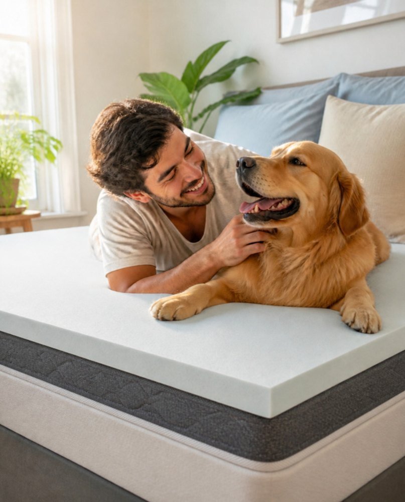 Joven juega con su perro sobre la cama con SleepFoam